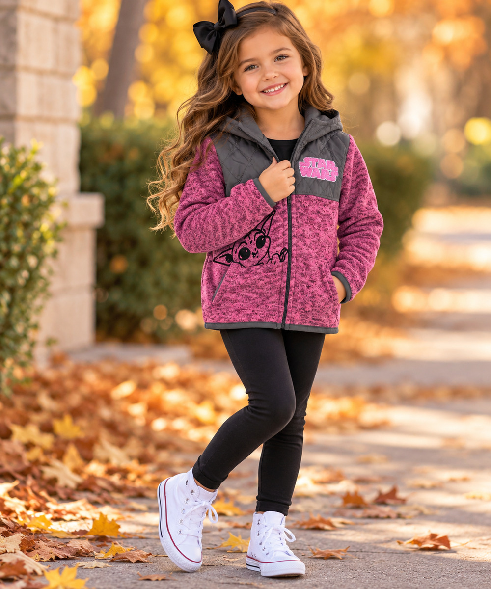 STAR WARS Baby Yoda Grogu Girls 4T Pink Gray Quilted Full Zip Hooded Jacket